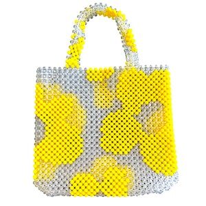 Beaded Bag Daisy handmade tote bag large clear/bright yellow acrylic beads